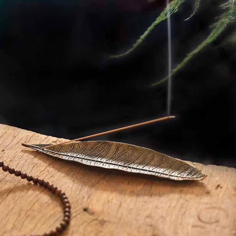 Buddha Stones Alloy Oriental Leaf Healing Incense Burner Decoration - Brown Leaf 24.6*5.3*1.4cm - image 0