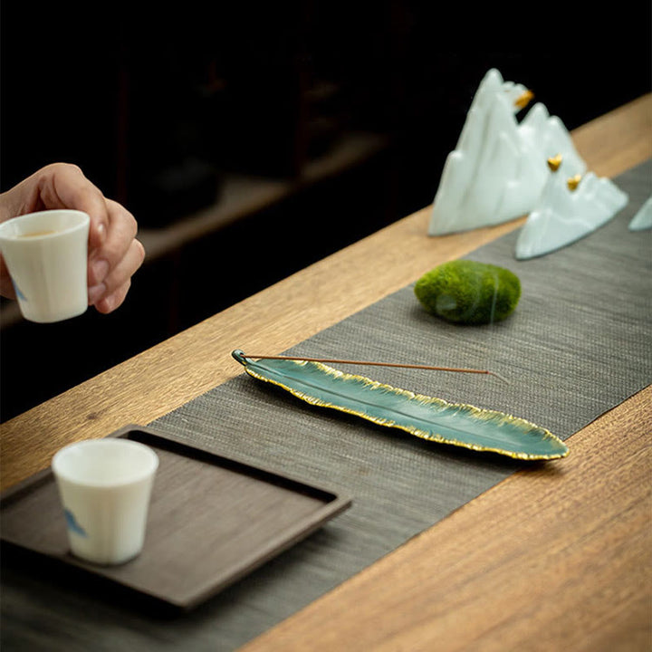 Buddha Stones Green Feather Gold Edge Healing Ceramic Incense Burner Decoration - image 6