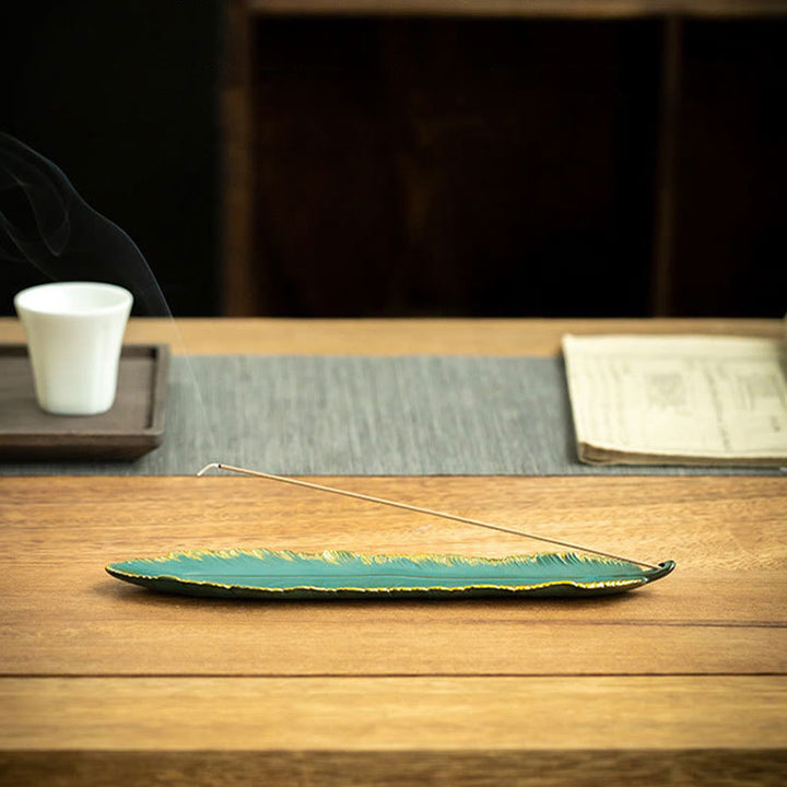 Buddha Stones Green Feather Gold Edge Healing Ceramic Incense Burner Decoration - image 7