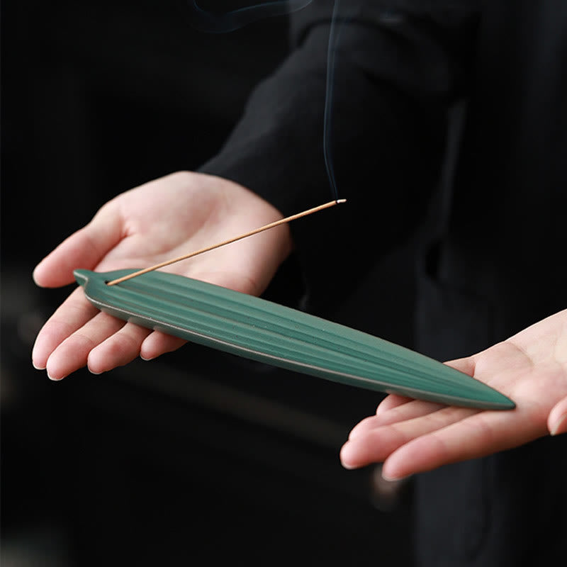 Buddha Stones Green Bamboo Leaf Healing Ceramic Incense Burner Decoration - image 5