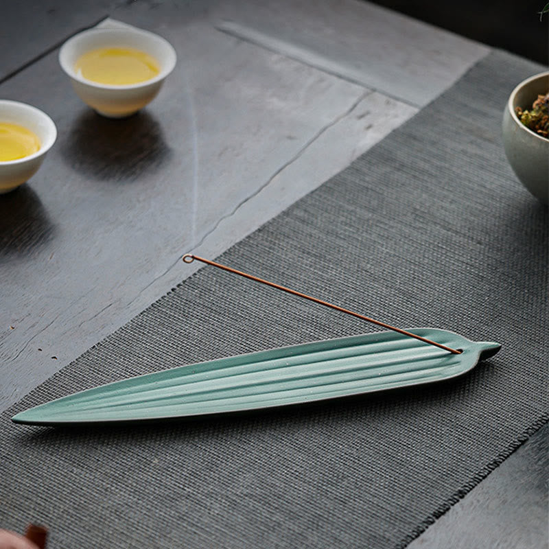 Buddha Stones Green Bamboo Leaf Healing Ceramic Incense Burner Decoration - image 1