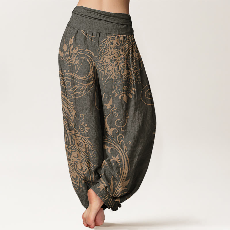 Buddha Stones Casual Peacock Design Women's Elastic Waist Harem Pants