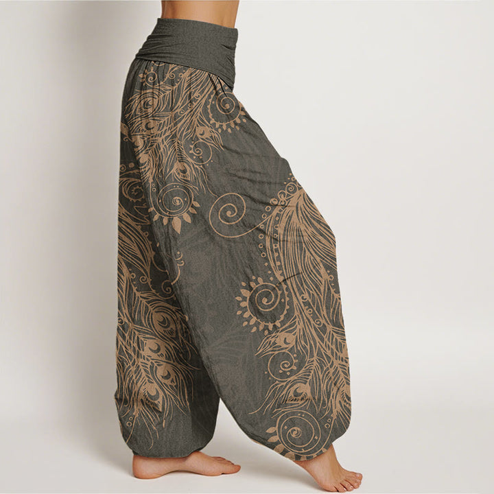 Buddha Stones Casual Peacock Design Women's Elastic Waist Harem Pants