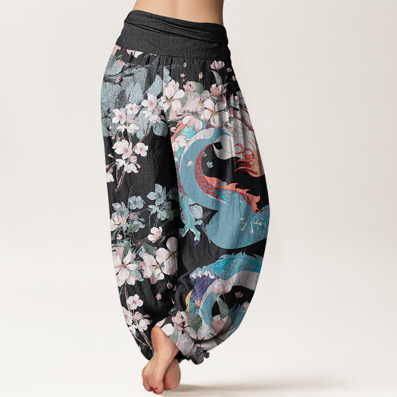 Buddha Stones Casual Dragon Cherry Blossoms Women's Elastic Waist Harem Pants - image 2