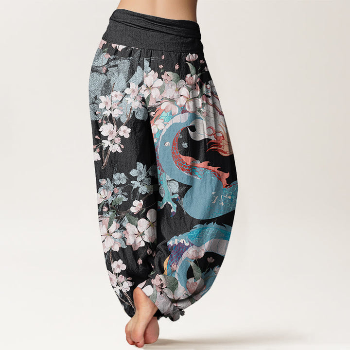 Buddha Stones Casual Dragon Cherry Blossoms Women's Elastic Waist Harem Pants - image 2