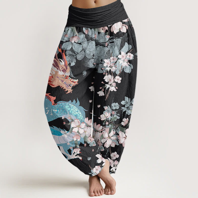 Buddha Stones Cotton Casual Dragon Cherry Blossoms Women's Elastic Waist Harem Pants - Black - US22，UK/AU26，EU54 (6XL) - image 0