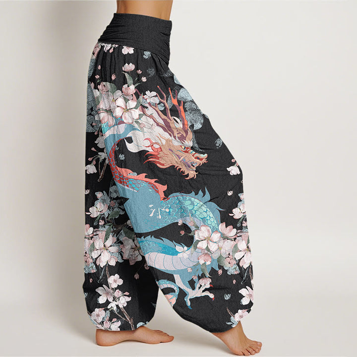 Buddha Stones Casual Dragon Cherry Blossoms Women's Elastic Waist Harem Pants - image 3