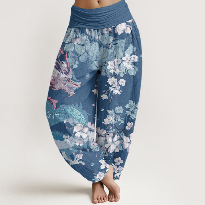 Buddha Stones Casual Dragon Cherry Blossoms Women's Elastic Waist Harem Pants