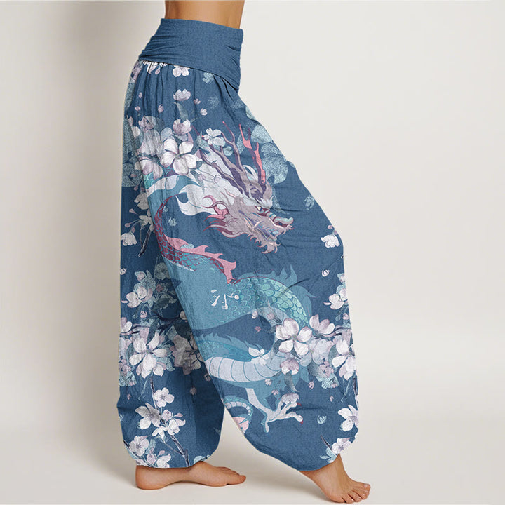 Buddha Stones Cotton Casual Dragon Cherry Blossoms Women's Elastic Waist Harem Pants - image 6
