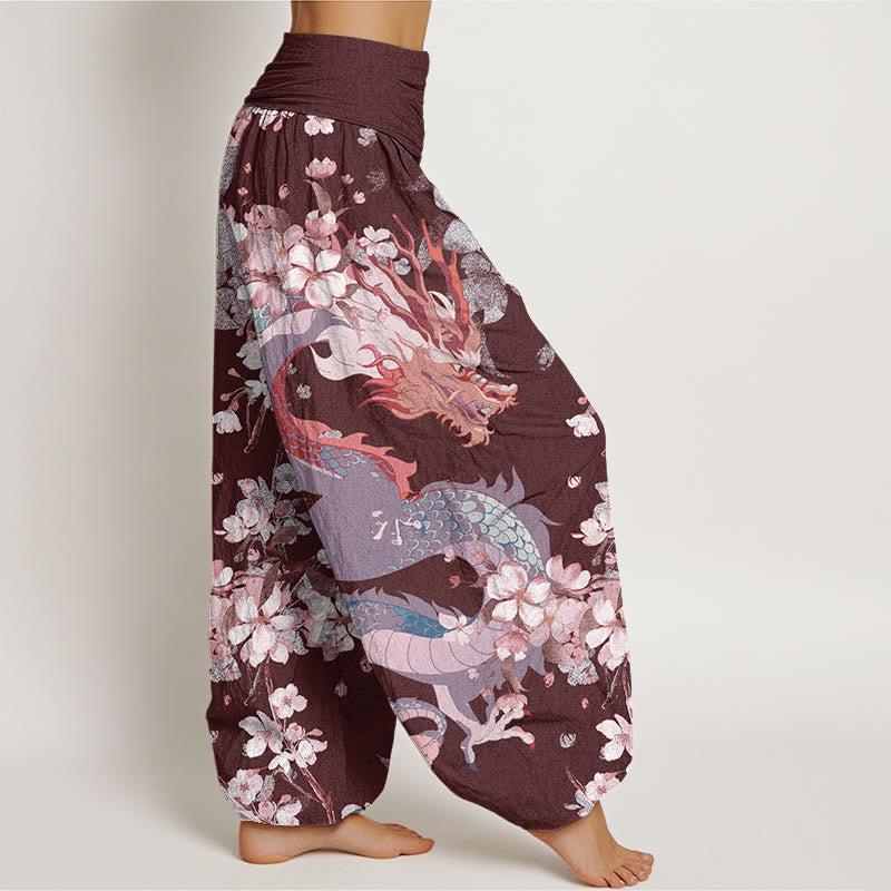 Buddha Stones Casual Dragon Cherry Blossoms Women's Elastic Waist Harem Pants - image 10