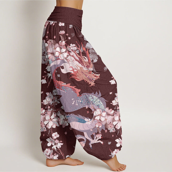 Buddha Stones Casual Dragon Cherry Blossoms Women's Elastic Waist Harem Pants - image 10