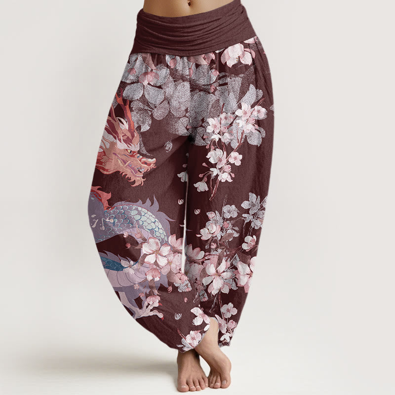 Buddha Stones Casual Dragon Cherry Blossoms Women's Elastic Waist Harem Pants - Maroon - US22，UK/AU26，EU54 (6XL) - image 8