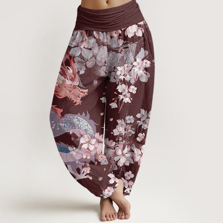 Buddha Stones Casual Dragon Cherry Blossoms Women's Elastic Waist Harem Pants - Maroon - US22，UK/AU26，EU54 (6XL) - image 8