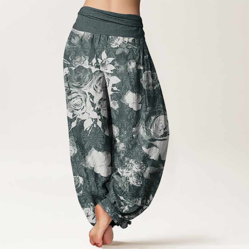 Buddha Stones Casual White Roses Women's Elastic Waist Harem Pants