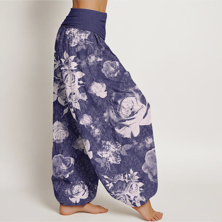 Buddha Stones Casual White Roses Women's Elastic Waist Harem Pants