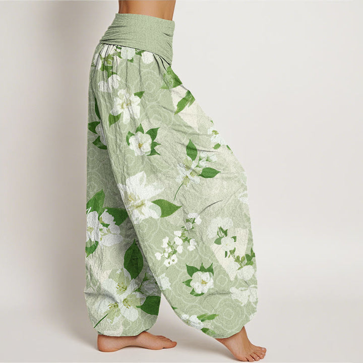 Buddha Stones Casual White Magnolia Flowers Leaves Women's Elastic Waist Harem Pants