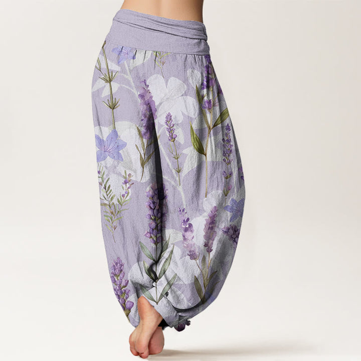 Buddha Stones Casual Lavender Flowers Lilies Women's Elastic Waist Harem Pants