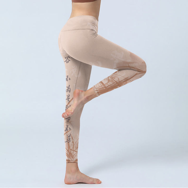 Buddha Stones Calligraphy Orchid Print Gym Leggings Women's Yoga Pants