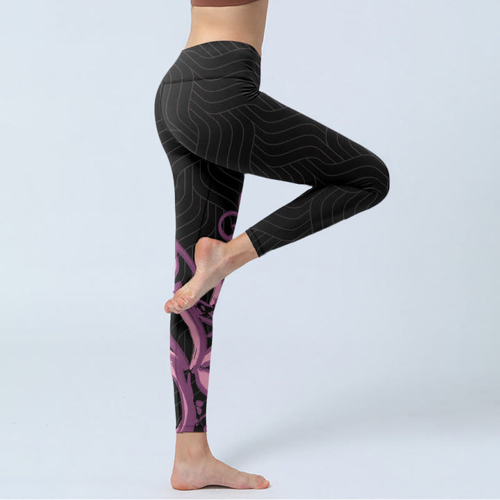 Buddha Stones Black Pink Lotus Flower Print Gym Leggings Women's Yoga Pants - image 3