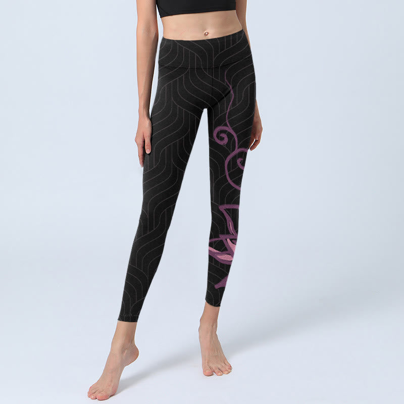 Buddha Stones Black Pink Lotus Flower Print Gym Leggings Women's Yoga Pants - image 6