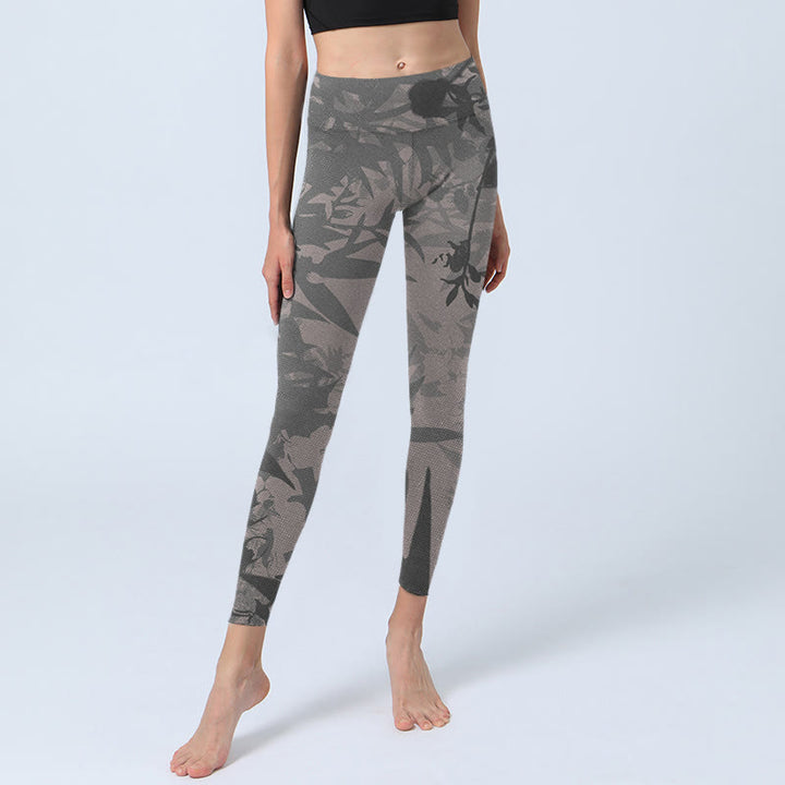 Buddha Stones Gray Leaves Print Gym Leggings Women's Yoga Pants