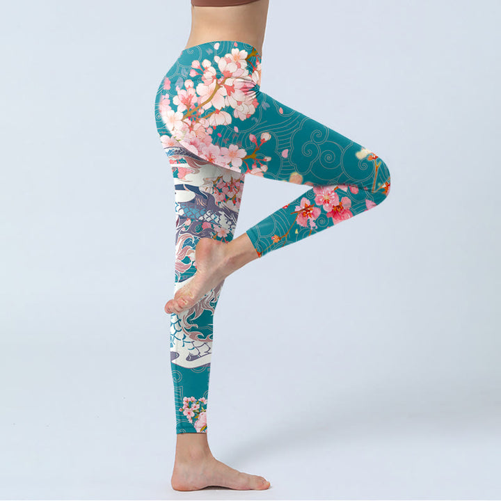 Buddha Stones Dragon Cherry Blossoms Print Gym Leggings Women's Yoga Pants - image 3