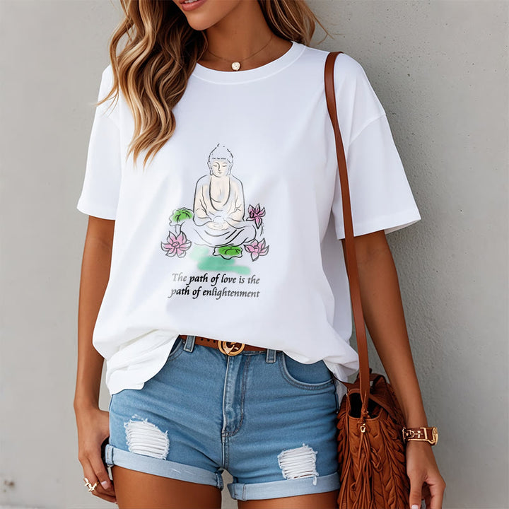 Buddha Stones Meditating Buddha Lotus Flower Leaf Pattern Cotton Tee T-shirt