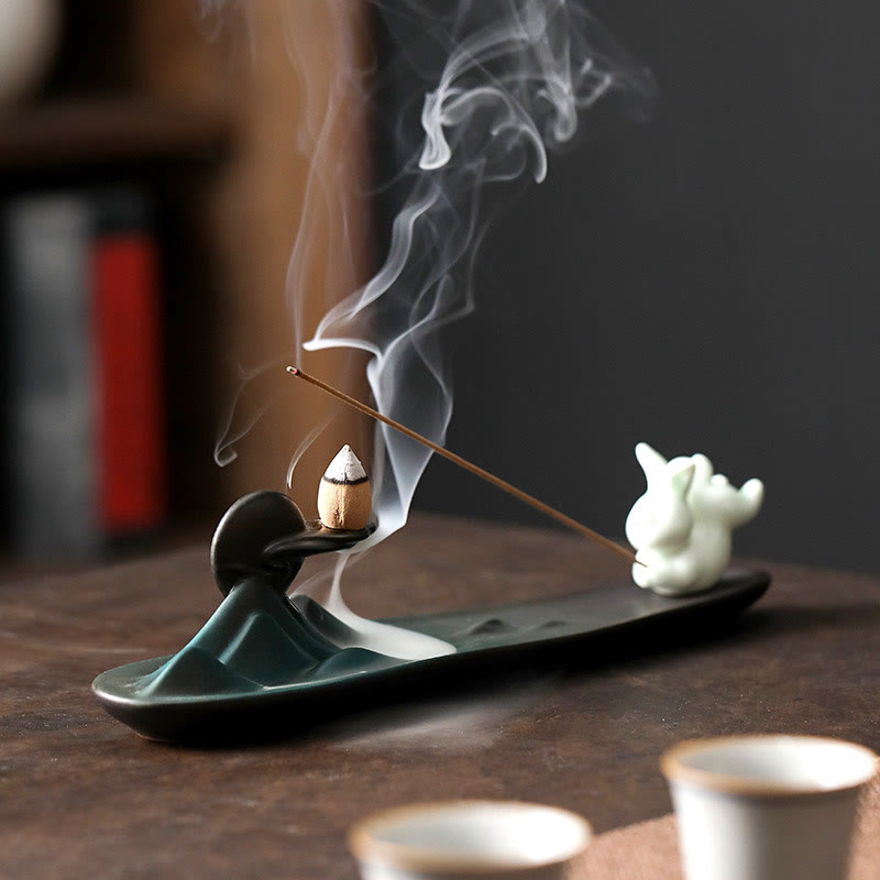 Buddha Stones Moon Rabbit PiXiu Mountain Healing Ceramic Stick Incense Burner Decoration - image 3