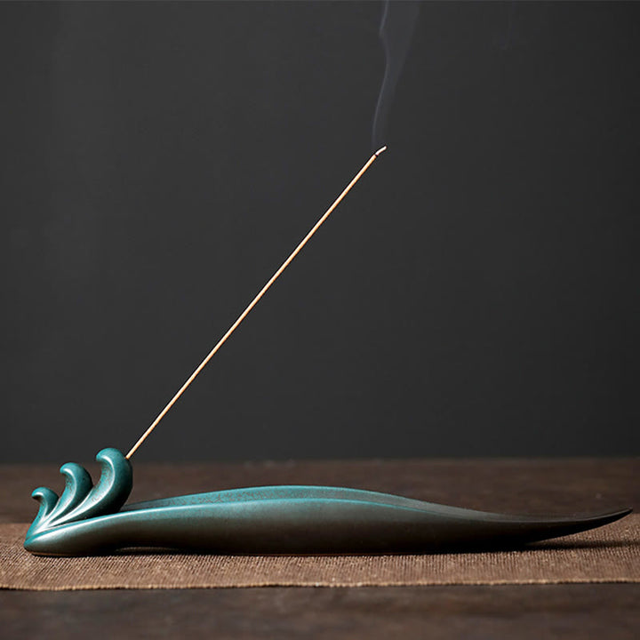 Buddha Stones Three Stones Waves Butterfly Bamboo Healing Ceramic Stick Incense Burner Decoration - Waves 24.2*4*3.5cm - image 7