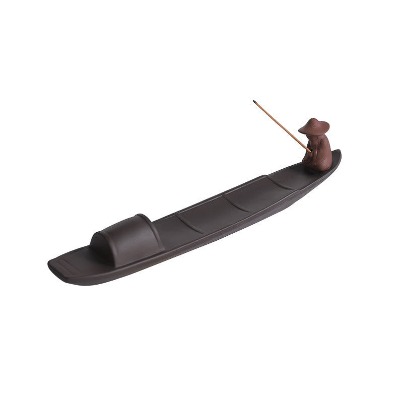 Buddha Stones Fisherman Boat Purple Clay Peace Healing Ceramic Stick Incense Burner Decoration