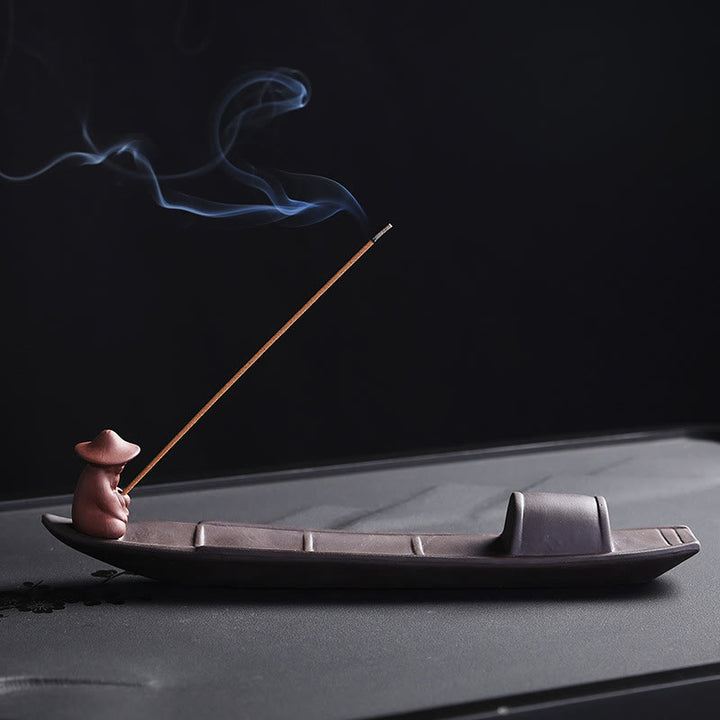 Buddha Stones Fisherman Boat Purple Clay Peace Healing Ceramic Stick Incense Burner Decoration