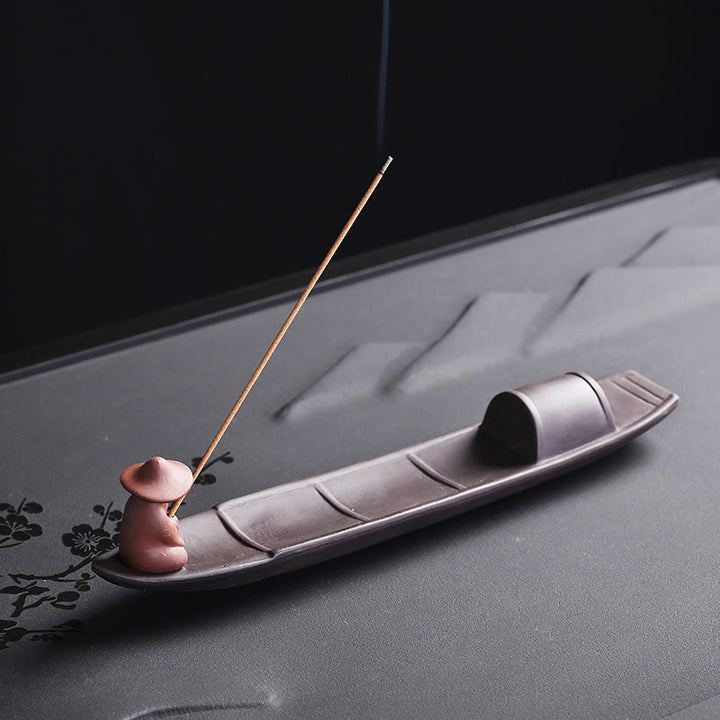Buddha Stones Fisherman Boat Purple Clay Peace Healing Ceramic Stick Incense Burner Decoration - image 1