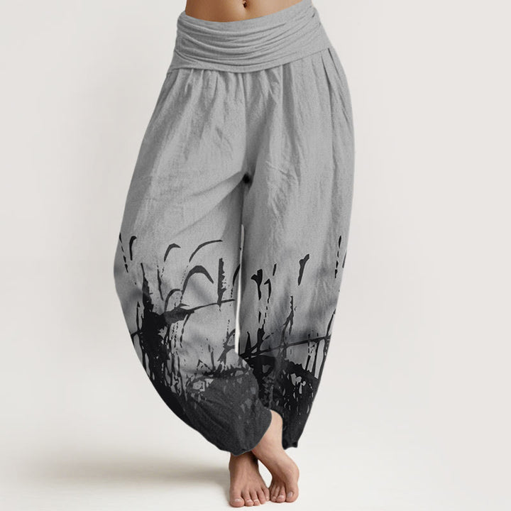 Buddha Stones Cotton Wild Grass Pattern Women's Elastic Waist Harem Pants - Gray - US22，UK/AU26，EU54 (6XL) - image 0