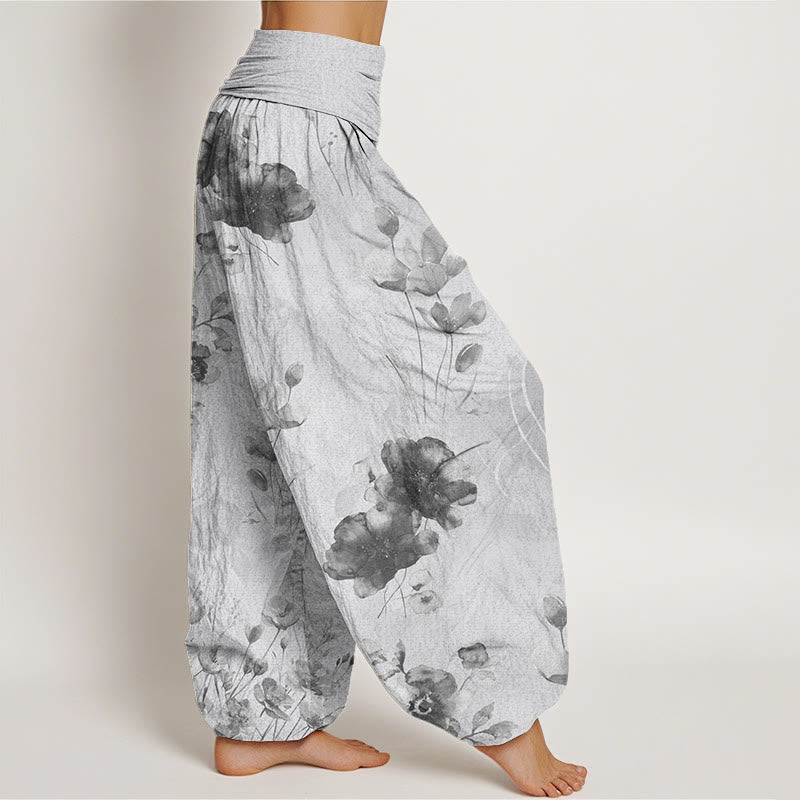 Buddha Stones Blooming Varying Flower Pattern Women's Elastic Waist Harem Pants