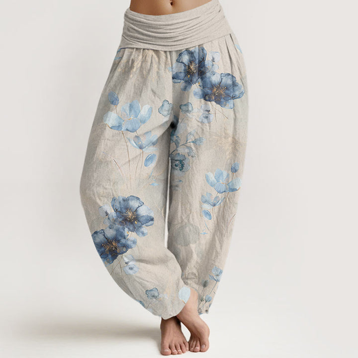 Buddha Stones Blooming Varying Flower Pattern Women's Elastic Waist Harem Pants