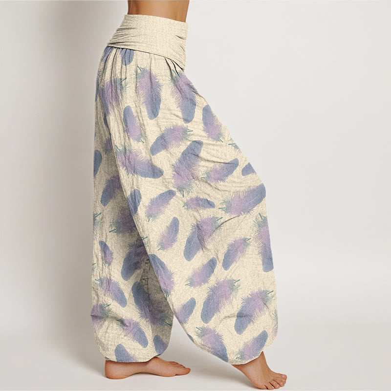 Buddha Stones  Casual Feathers Pattern Women's Elastic Waist Harem Pants