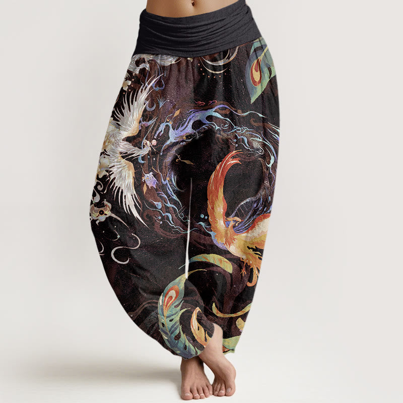 Buddha Stones Phoenix Flower Pattern Women's Elastic Waist Harem Pants