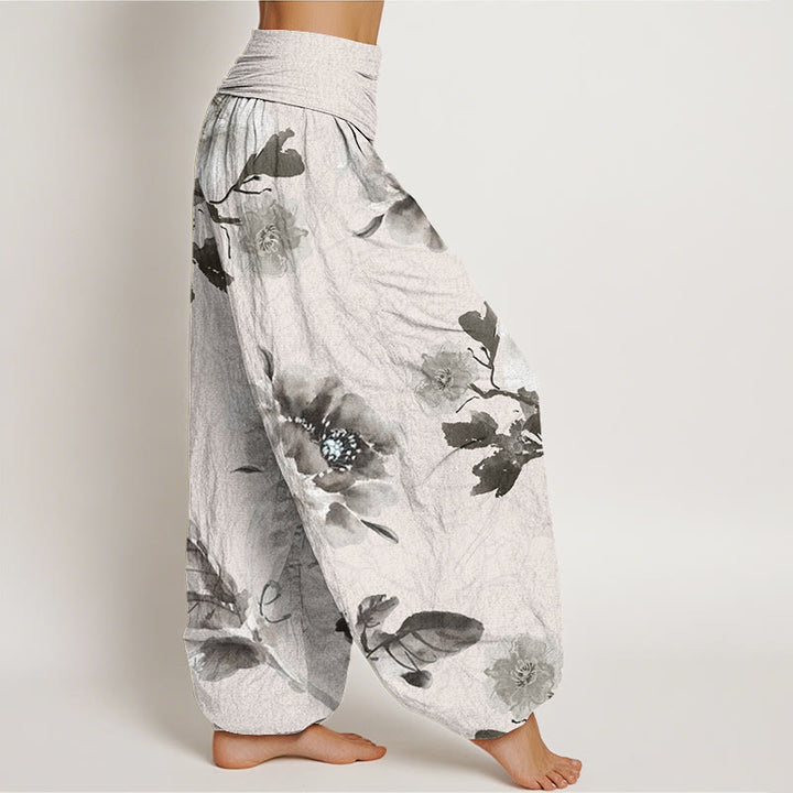 Buddha Stones Folwers With Leaves Pattern Women's Elastic Waist Harem Pants