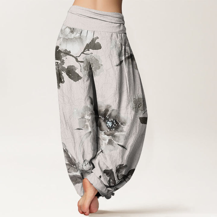 Buddha Stones Folwers With Leaves Pattern Women's Elastic Waist Harem Pants