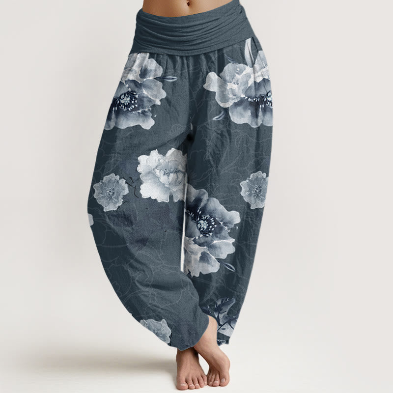 Buddha Stones Folwers With Leaves Pattern Women's Elastic Waist Harem Pants