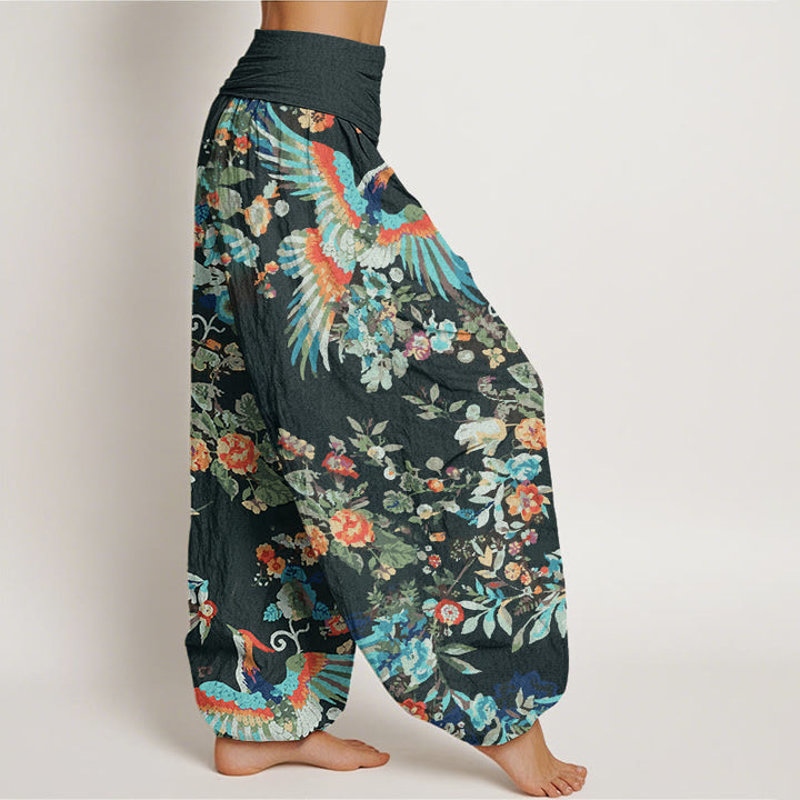 Buddha Stones Colorful Flowers Birds Leaves Pattern Women's Elastic Waist Harem Pants