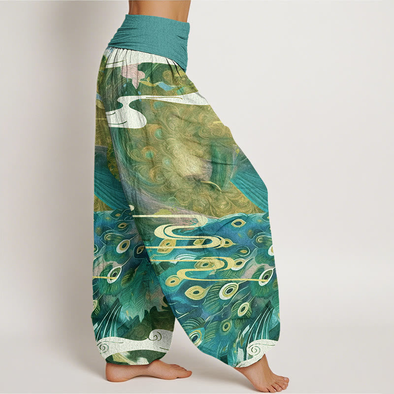 Buddha Stones Vibrant Peacock Auspicious Clouds Pattern Women's Elastic Waist Harem Pants