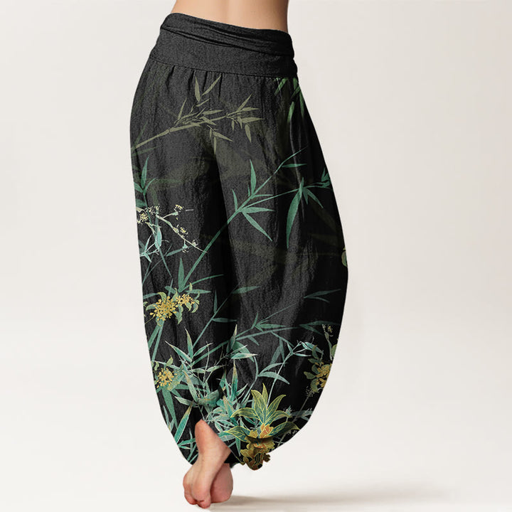 Buddha Stones Blooming Flowers Bamboo Pattern Women's Elastic Waist Harem Pants