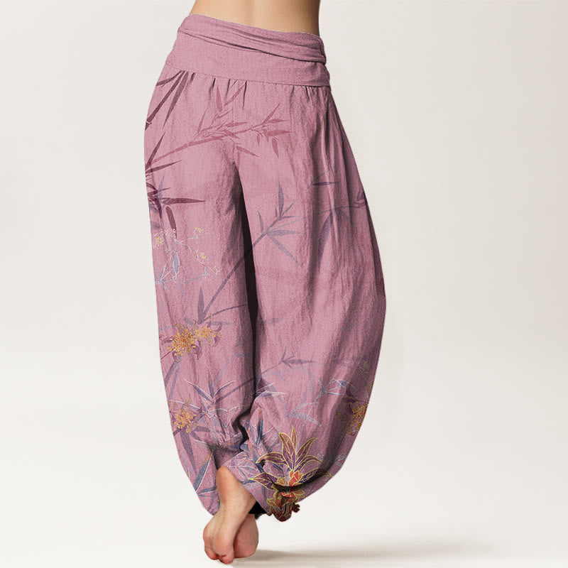 Buddha Stones Blooming Flowers Bamboo Pattern Women's Elastic Waist Harem Pants