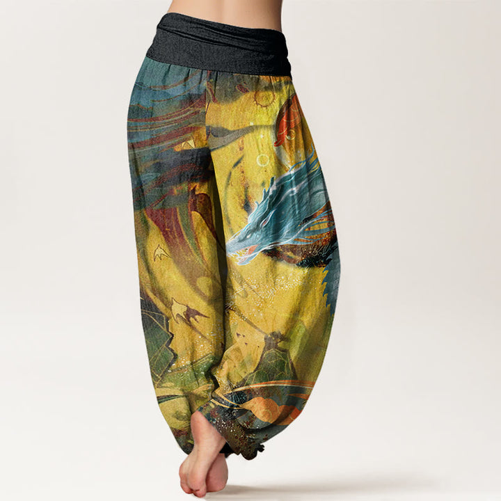 Buddha Stones Dragon Auspicious Clouds Pattern Women's Elastic Waist Harem Pants