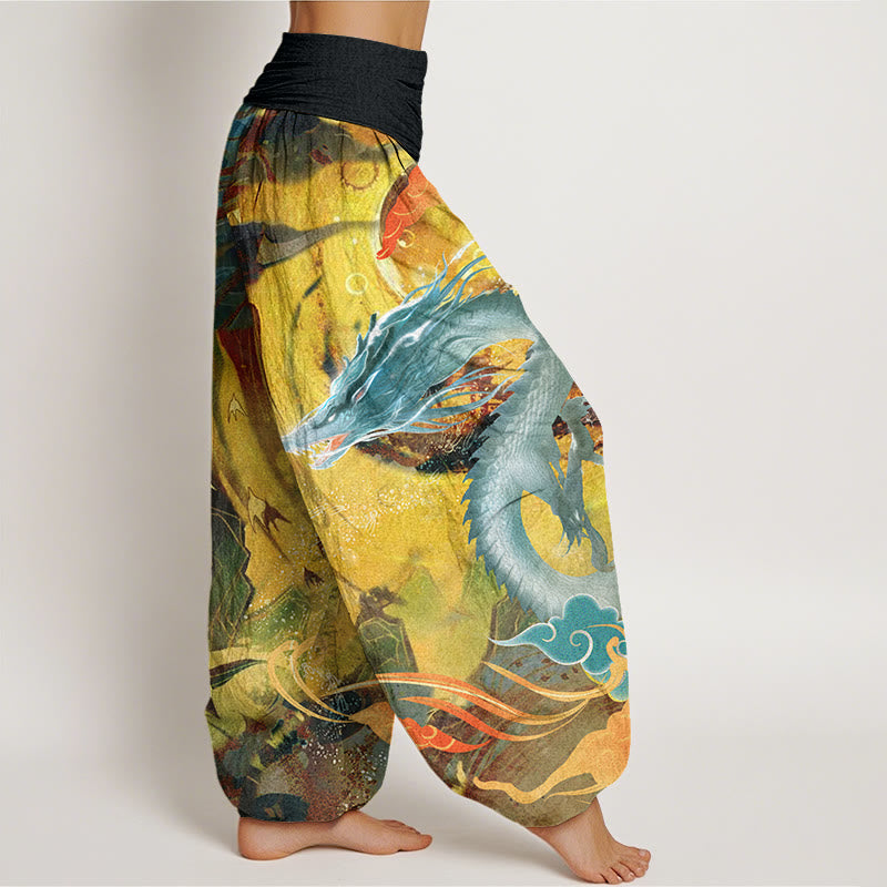 Buddha Stones Dragon Auspicious Clouds Pattern Women's Elastic Waist Harem Pants