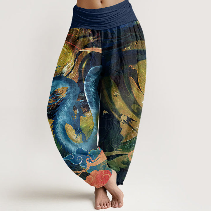 Buddha Stones Dragon Auspicious Clouds Pattern Women's Elastic Waist Harem Pants