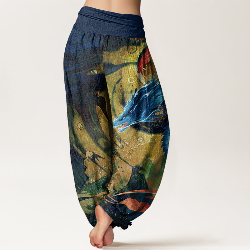 Buddha Stones Dragon Auspicious Clouds Pattern Women's Elastic Waist Harem Pants