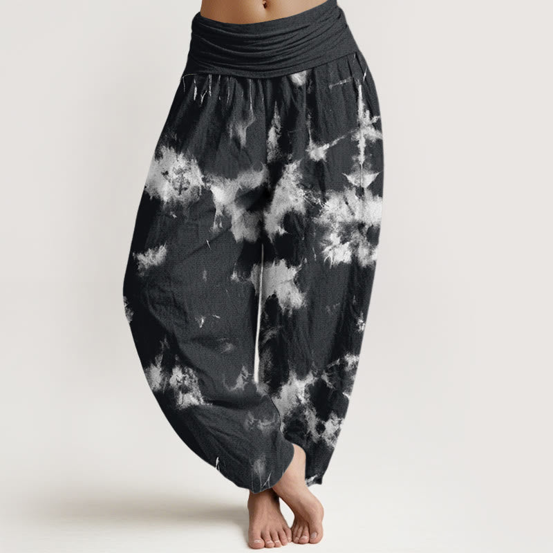 Buddha Stones Cotton White Lines Spots Tie-Dye Pattern Women's Elastic Waist Harem Pants - Black - US22，UK/AU26，EU54 (6XL) - image 0