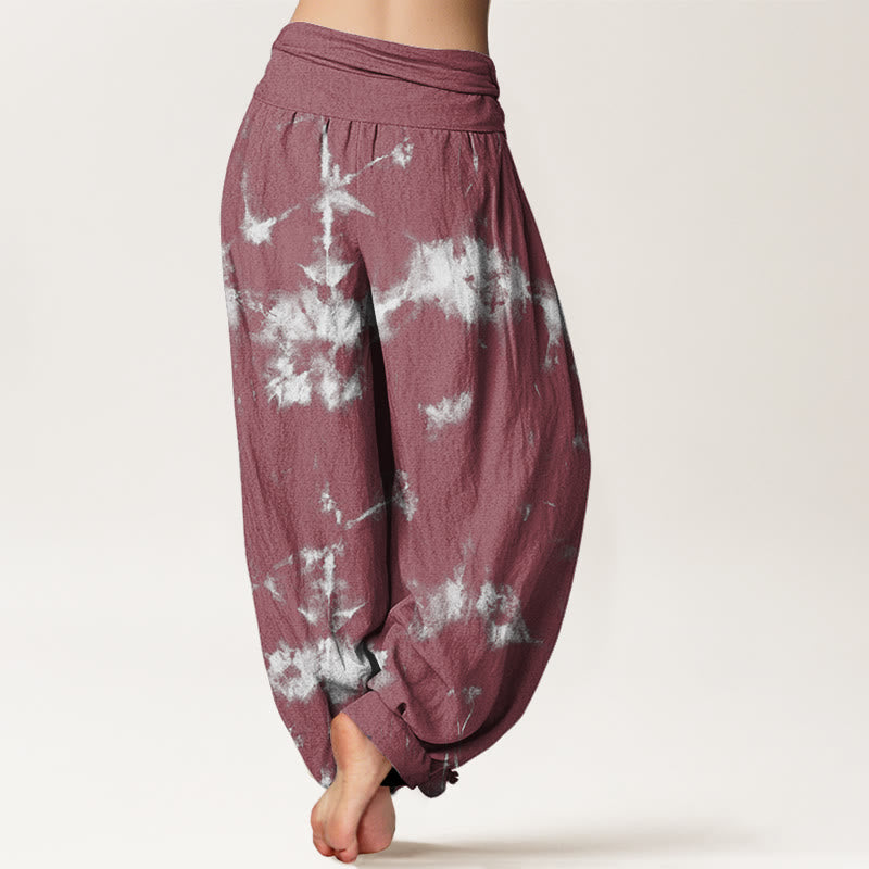 Buddha Stones White Lines Spots Tie-Dye Pattern Women's Elastic Waist Harem Pants